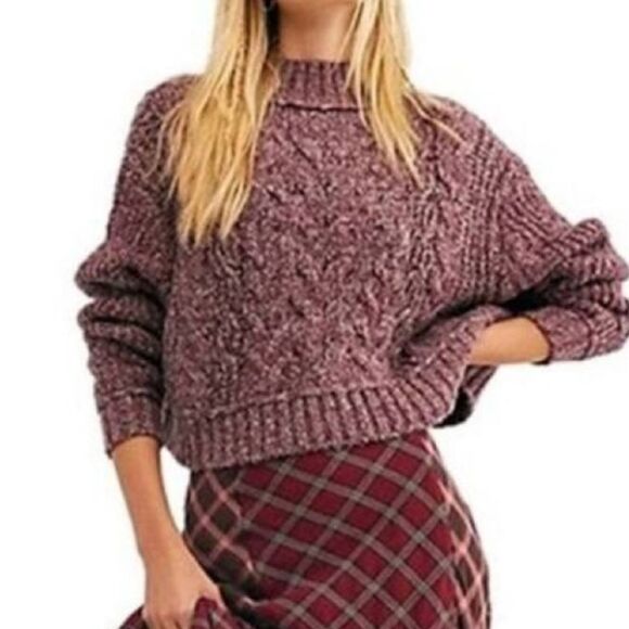 Free People Merry Go Round Cable-Knit Sweater In Very Berry Size L - Picture 2 of 7